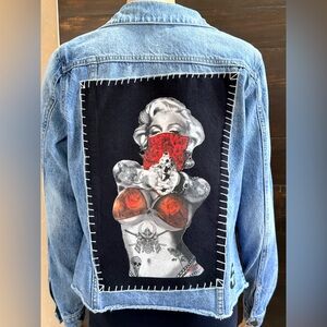 Upcycled Buffalo Tattooed Depiction of Marilyn Monroe Denim Jacket Size S
